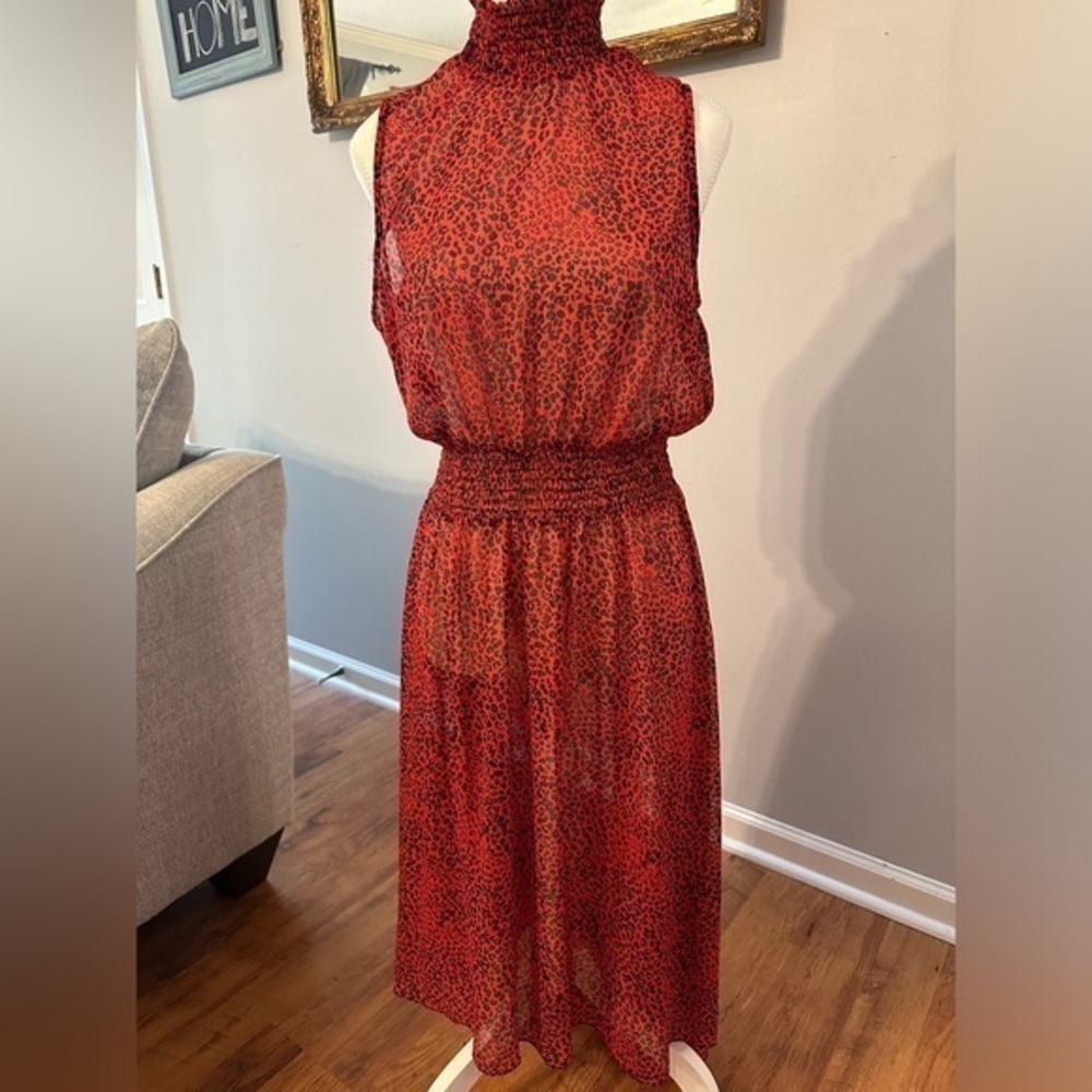 NANETTE LEPORE SHEER HIGH NECK RED AND BLACK LEOPARD DRESS - Size 8 SKU:288
